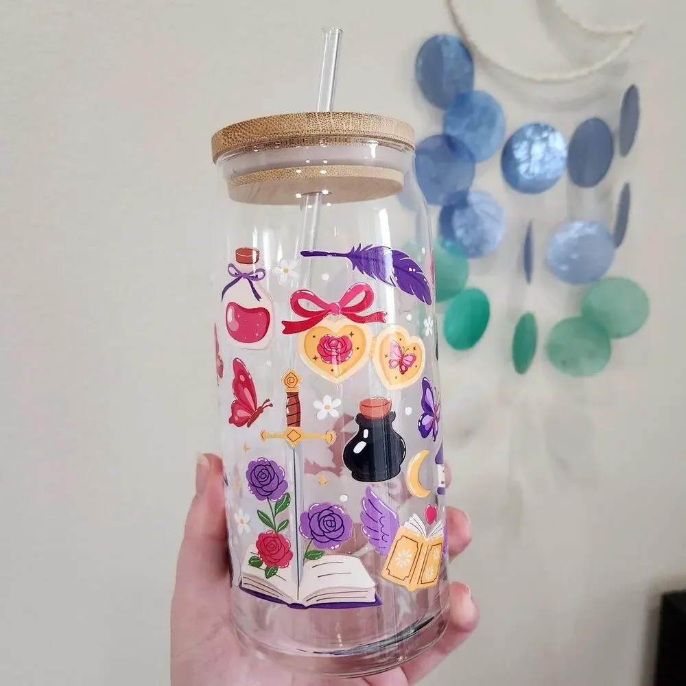 Purple Fantasy Glass Coffee Cup Dragon 20 oz Bookish Reading Gift Flowers Sword